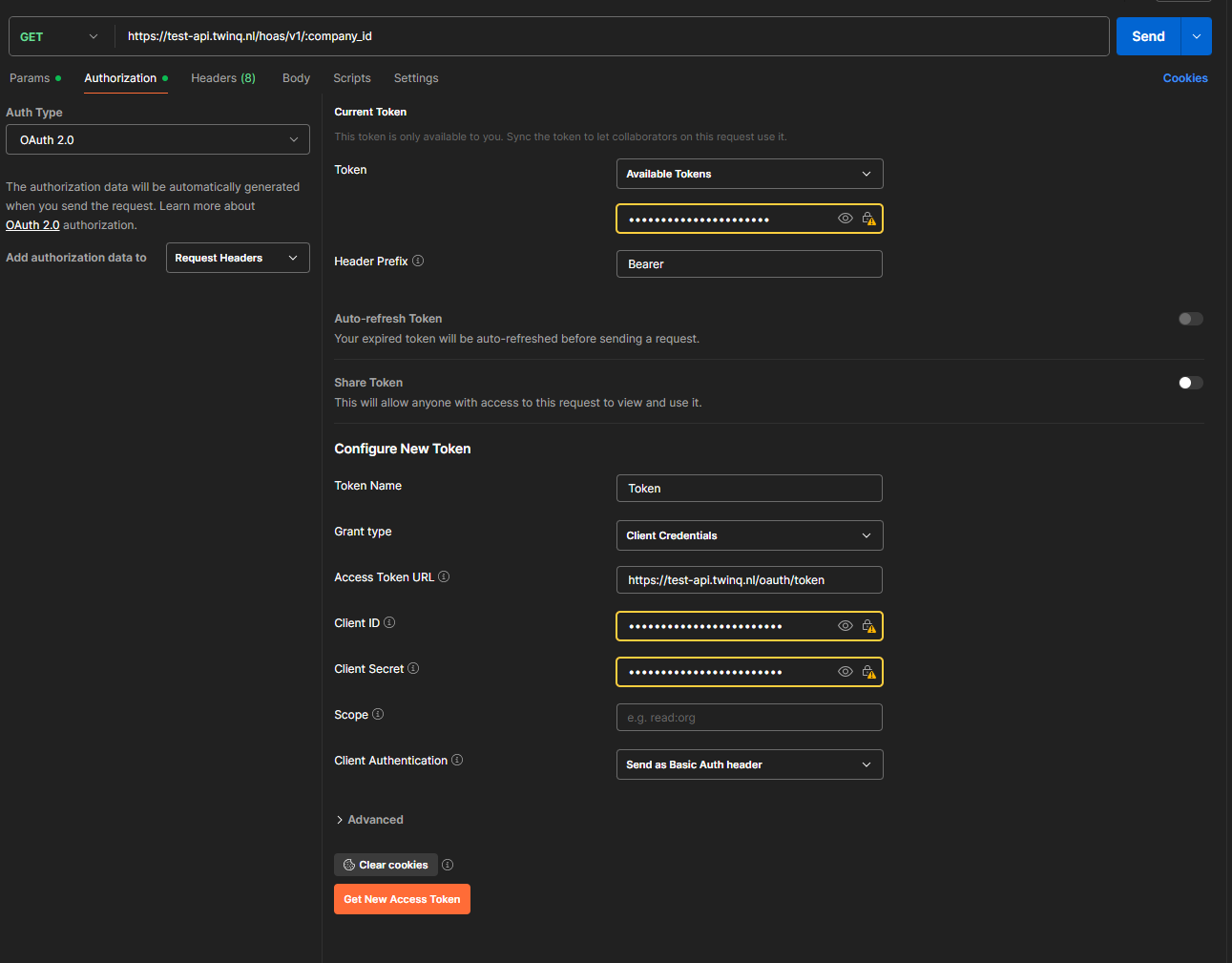 Example OAuth token request with Postman